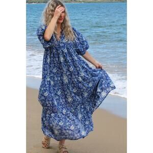 River Goddess Aqua Blue Indian Rose Neera Maxi Dress Small Medium